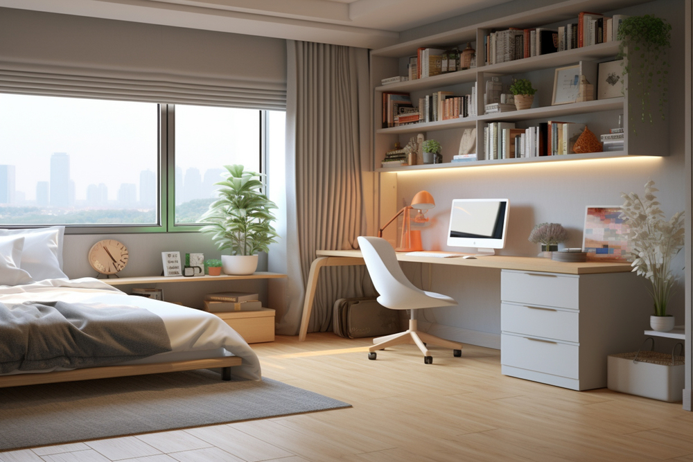 Dormitorio multifuncional con una zona de trabajo iluminada por luz natural, decorado con estilo moderno y muebles funcionales para maximizar el espacio.
